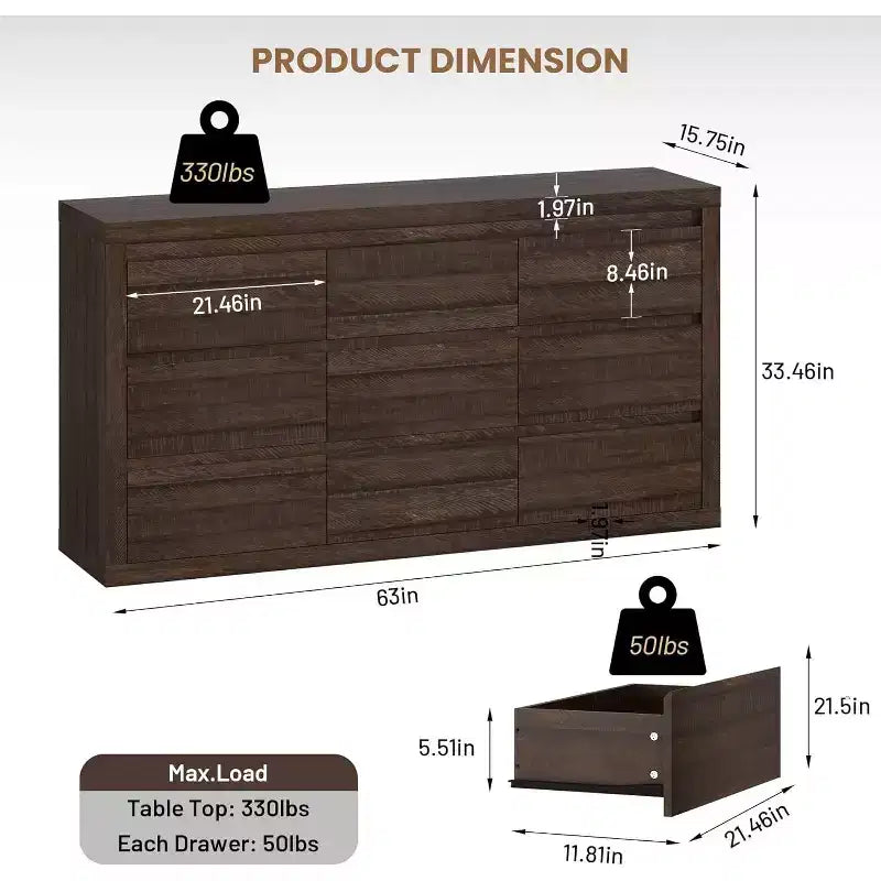 Moderne Schlafzimmerkommode mit 9 Schubladen, breite Schubladenkommode mit Kippsicherung, Holzschrank und TV-Ständer für Kleiderschrank, Wohnzimmer