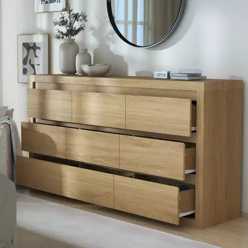 Moderne Schlafzimmerkommode mit 9 Schubladen, breite Schubladenkommode mit Kippsicherung, Holzschrank und TV-Ständer für Kleiderschrank, Wohnzimmer