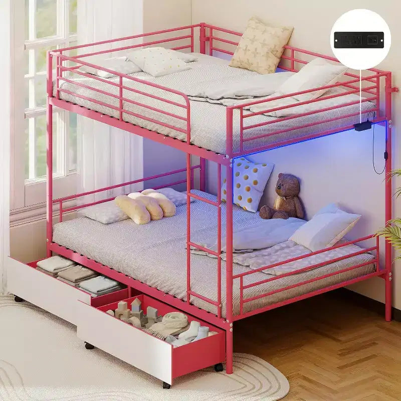 Zevemomo Full Over Full Convertible Bunk Bed with 2 Storage Drawers, USB Charging Station, LED Light, No Box Spring Needed, Metal, PINK