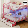 Zevemomo Full Over Full Convertible Bunk Bed with 2 Storage Drawers, USB Charging Station, LED Light, No Box Spring Needed, Metal, PINK