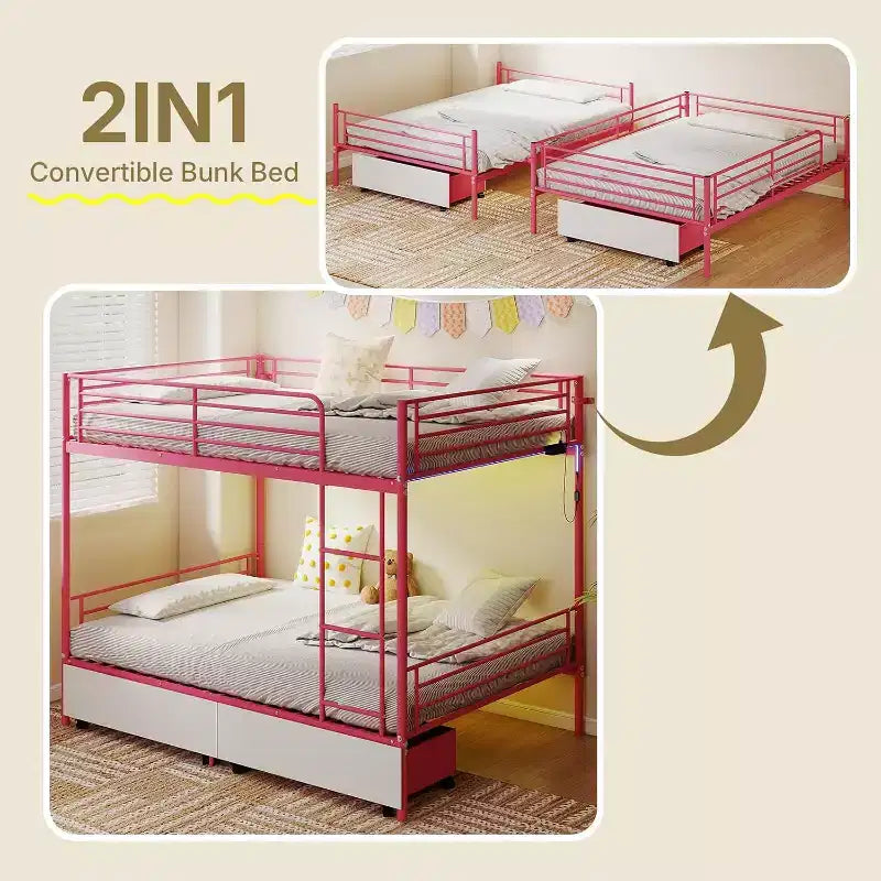 Litera convertible de dos camas matrimoniales con 2 cajones de almacenamiento, estación de carga USB, luz LED, no necesita base para colchón, metal, rosa
