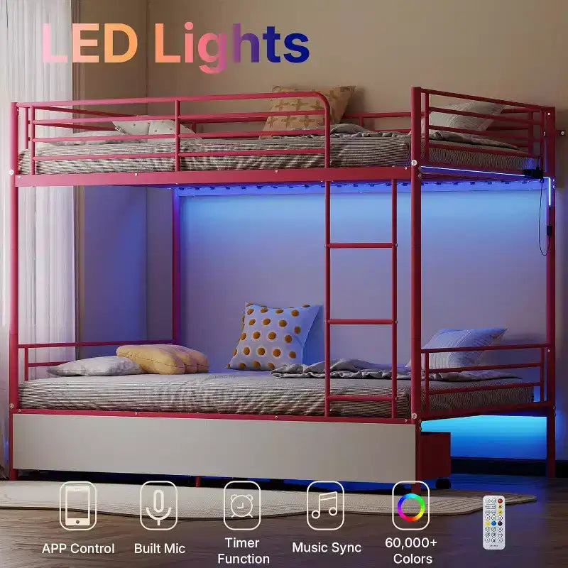 Umwandelbares Etagenbett in voller Größe mit 2 Bettschubladen, USB-Ladestation und LED-Beleuchtung, keine Boxspringmatratze erforderlich, Metall, ROSA