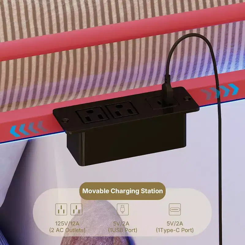 Litera convertible de dos camas matrimoniales con 2 cajones de almacenamiento, estación de carga USB, luz LED, no necesita base para colchón, metal, rosa