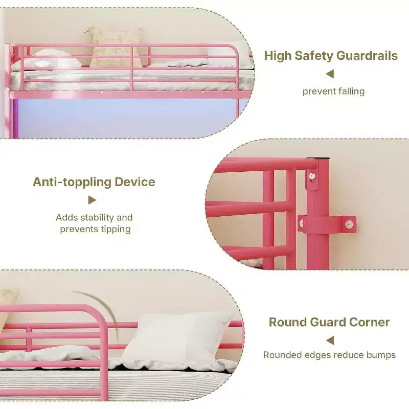 Litera convertible de dos camas matrimoniales con 2 cajones de almacenamiento, estación de carga USB, luz LED, no necesita base para colchón, metal, rosa