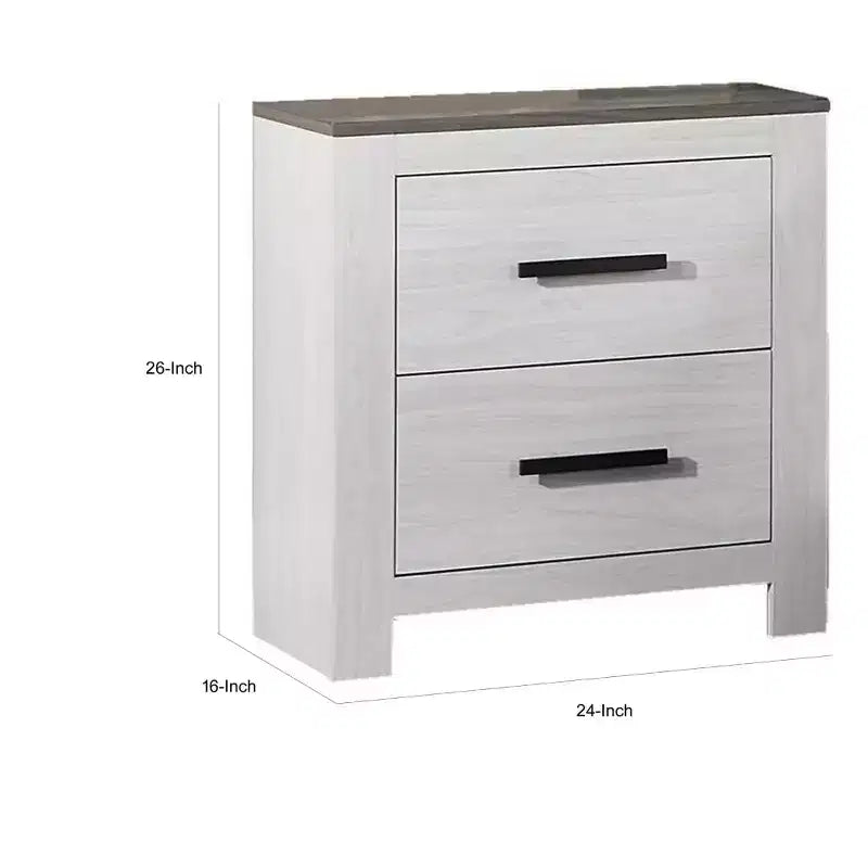 Table de chevet de 26 pouces avec 2 tiroirs, poignées noires, finition bois blanc