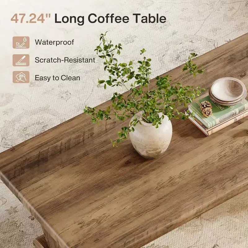 Mesa de centro rectangular de 48 pulgadas, mesa baja de madera para sala de estar, mesa central de estilo rústico, fácil de montar
