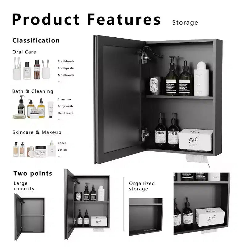 Aluminium-Medizinschrank mit Spiegel und Beleuchtung, 16 in. B x 22 in. H, beschlagfrei, einfach zu montieren
