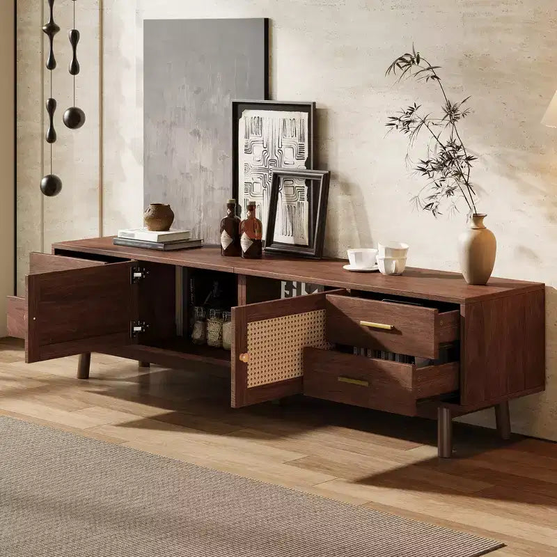 70 moderner TV-Ständer aus Rattan, Medienkonsole für Fernseher bis 80, Entertainment-Center mit 4 Schubladen und Kabelmanagement, Dunkelbraun