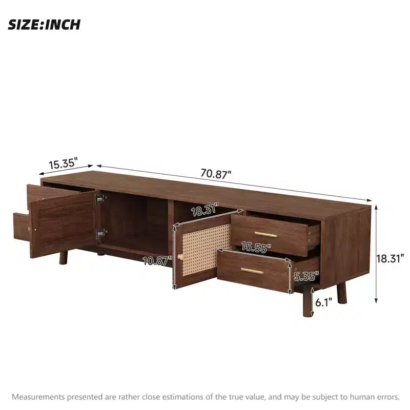 70 moderner TV-Ständer aus Rattan, Medienkonsole für Fernseher bis 80, Entertainment-Center mit 4 Schubladen und Kabelmanagement, Dunkelbraun
