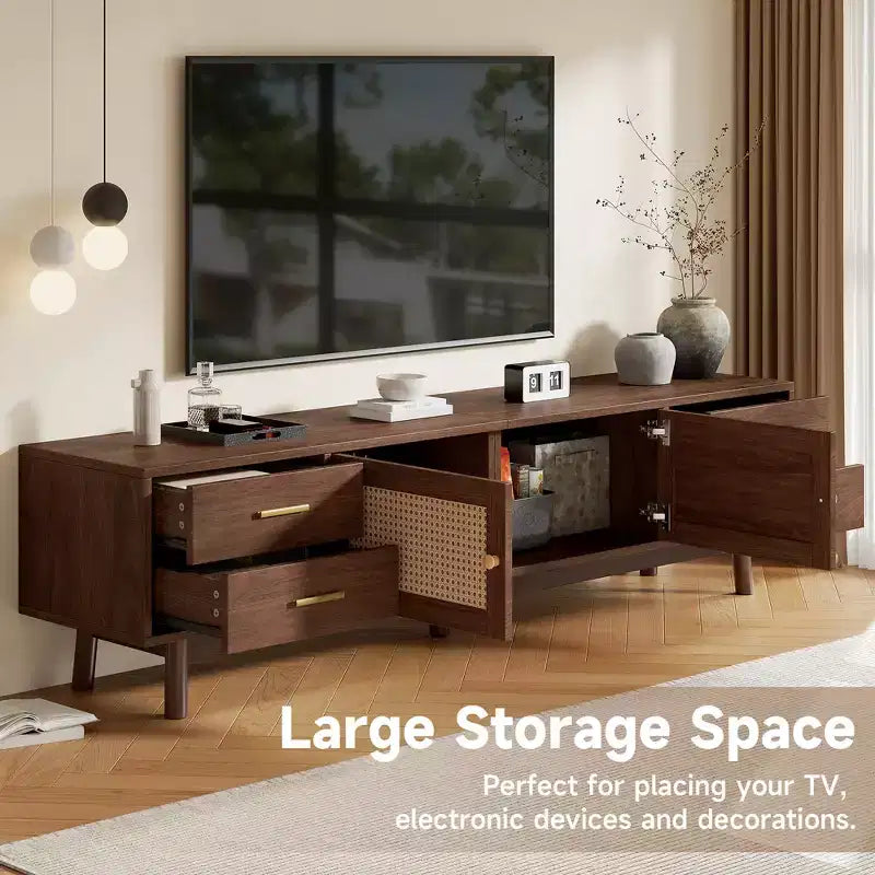 Mueble moderno de ratán para TV de 70, consola multimedia para televisores de hasta 80, centro de entretenimiento con 4 cajones y sistema de organización de cables, marrón oscuro