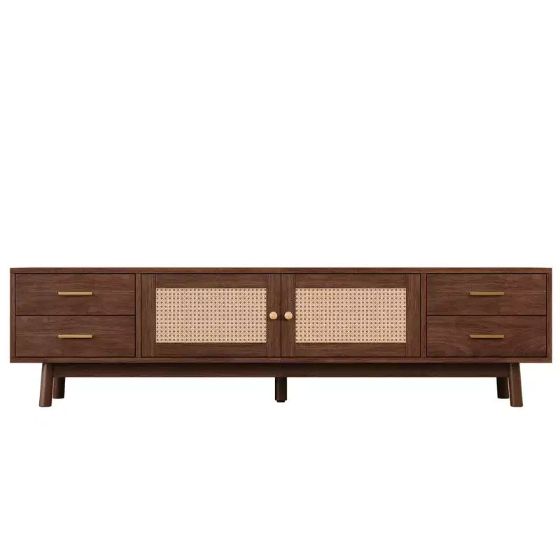 Mueble moderno de ratán para TV de 70, consola multimedia para televisores de hasta 80, centro de entretenimiento con 4 cajones y sistema de organización de cables, marrón oscuro