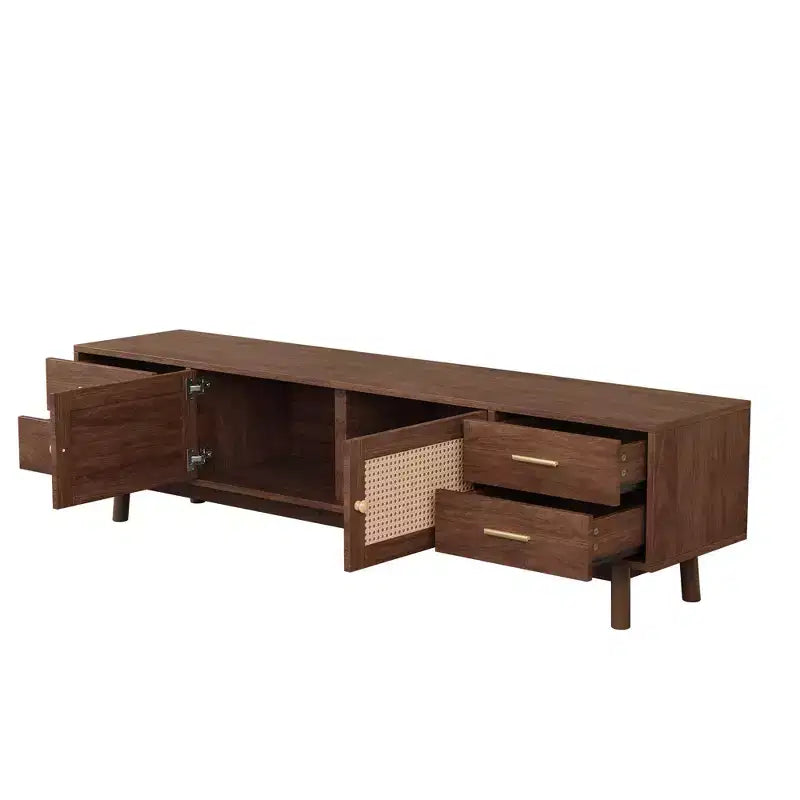 Mueble moderno de ratán para TV de 70, consola multimedia para televisores de hasta 80, centro de entretenimiento con 4 cajones y sistema de organización de cables, marrón oscuro