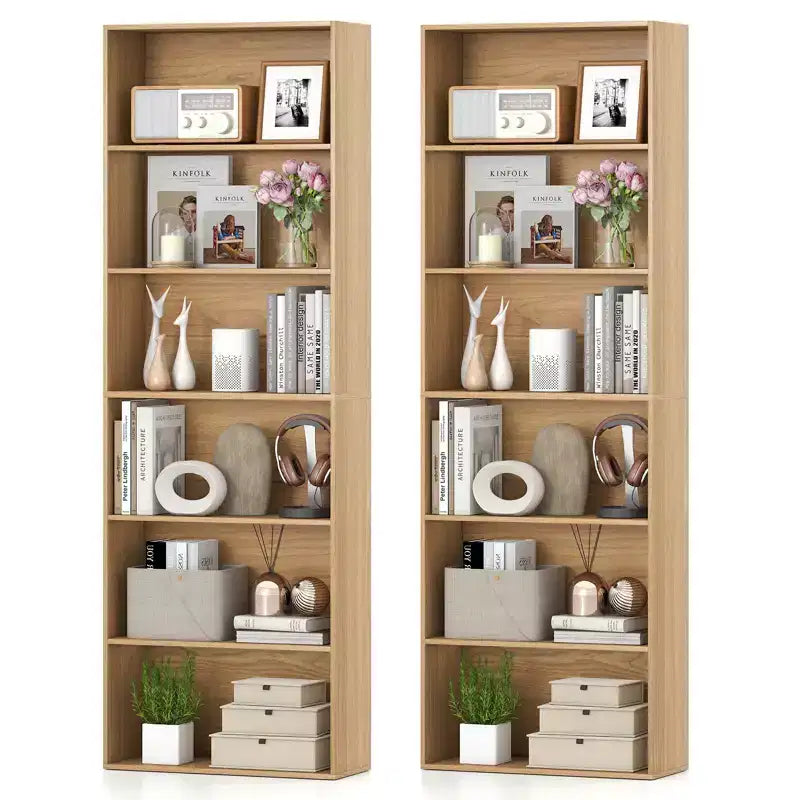 Costway Set of 2 70'' Tall 6-Tier Bookcase w/6 Open Shelves Anti-Toppling Kits Living Room Natural