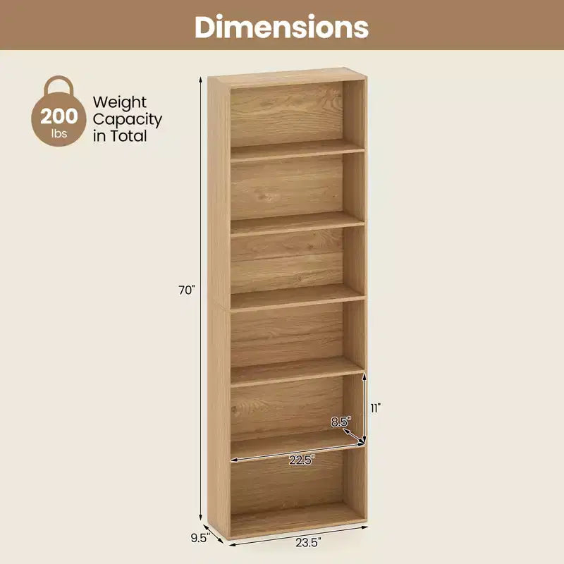 Juego de 2 estanterías de 70'' de alto y 6 niveles, con 6 estantes abiertos y kits antivuelco, color natural para sala de estar
