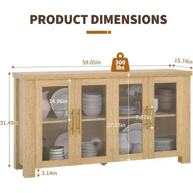 Buffet en bois avec rangement et portes en verre trempé, crédence de rangement de 59 pour salle à manger et salon