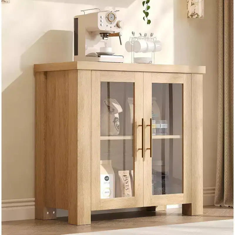 Holz-Anrichte mit Stauraum und Türen aus gehärtetem Glas, 59-Zoll-Sideboard für Ess- und Wohnzimmer