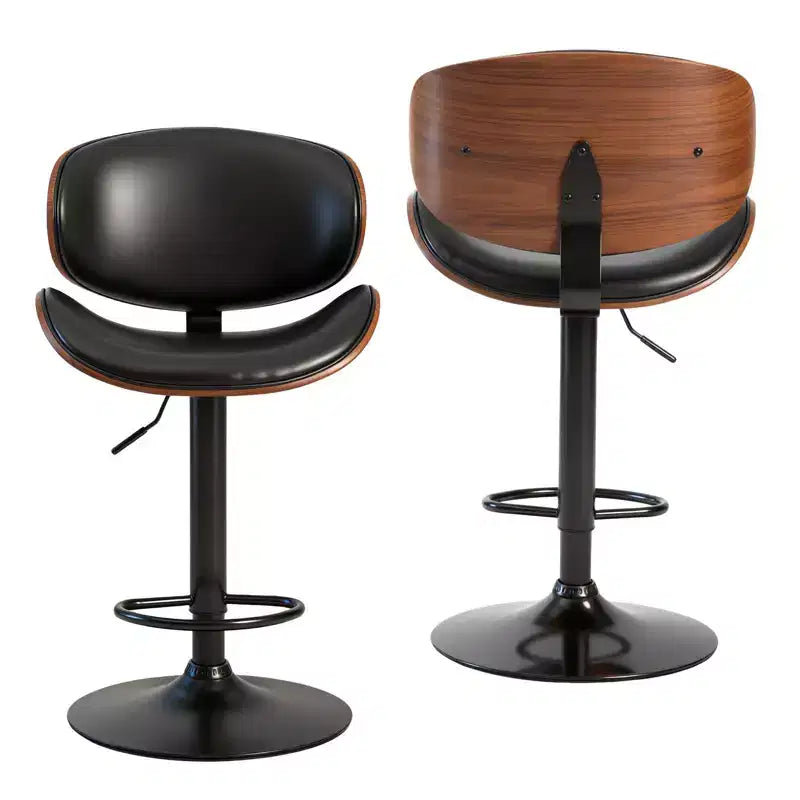 HomeRoots Set of Two Black and Brown Faux Leather Wood And Aluminum Adjustable Height Swivel Bar Chairs