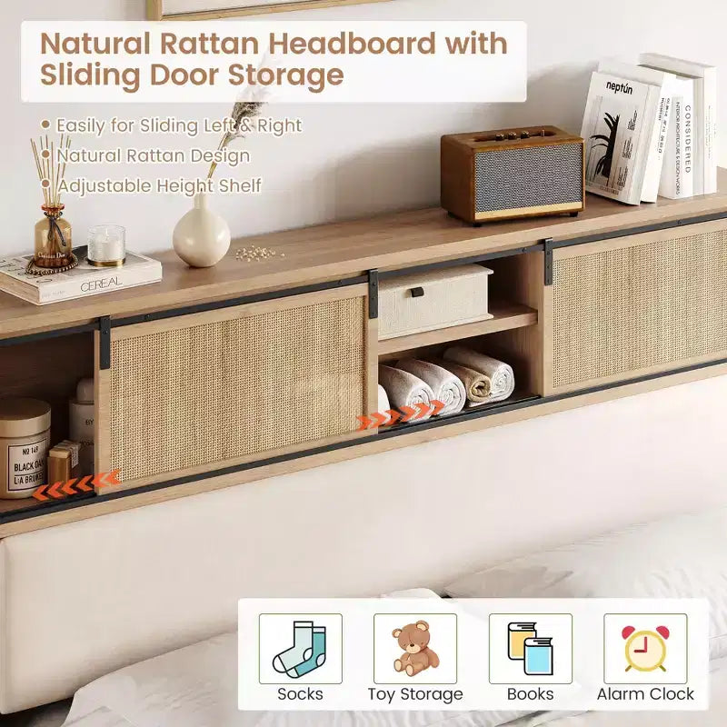 Rattanbettrahmen mit Kopfteilablagen, Boho-Plattformbett mit Stauraum hinter Schiebetür, Holzunterbau mit geräuschlosen Latten, keine Boxspringmatratze erforderlich