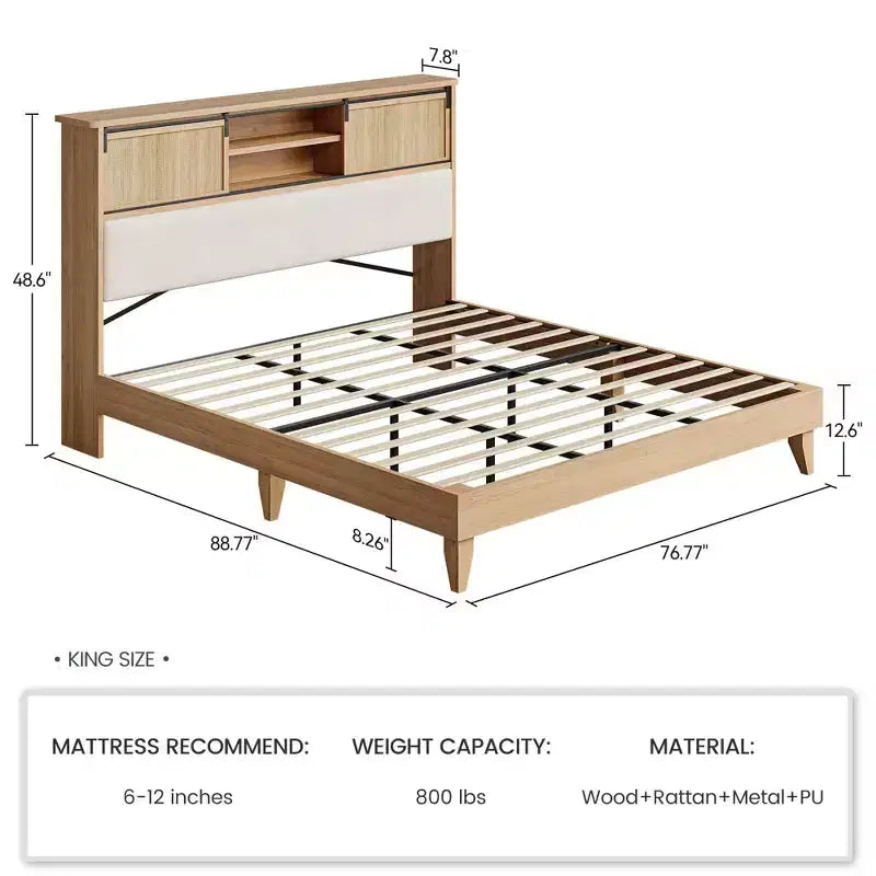 Estructura de cama de ratán con estantes en el cabecero, cama tipo plataforma de estilo bohemio con almacenamiento tras puertas corredizas, base de madera con láminas silenciosas, no necesita base para colchón