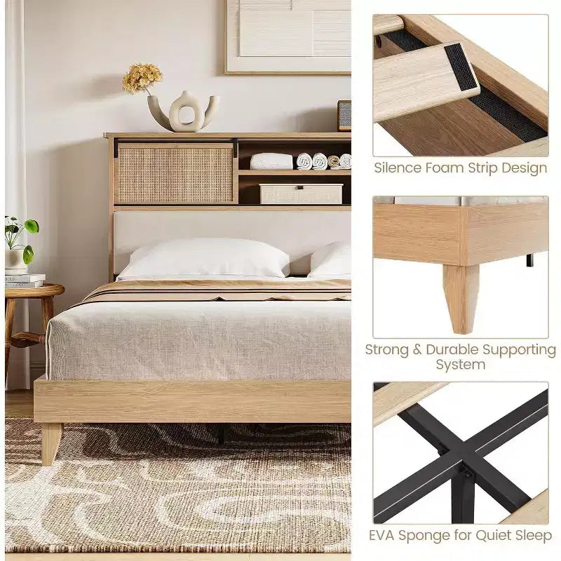 Estructura de cama de ratán con estantes en el cabecero, cama tipo plataforma de estilo bohemio con almacenamiento tras puertas corredizas, base de madera con láminas silenciosas, no necesita base para colchón