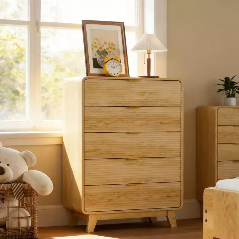 Kommode mit 5 Schubladen, Schlafzimmerschrank in Holzoptik mit Metallgriffen und Kippsicherung