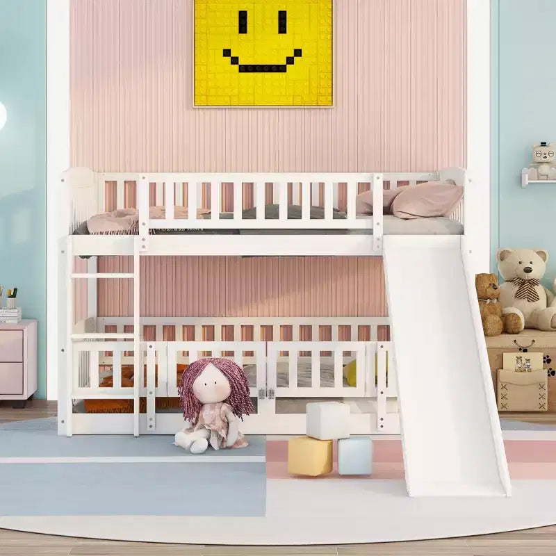 FAMYYT Full Size Wood Bunk Bed With Slide, Fence and Ladder, Easy Assembly