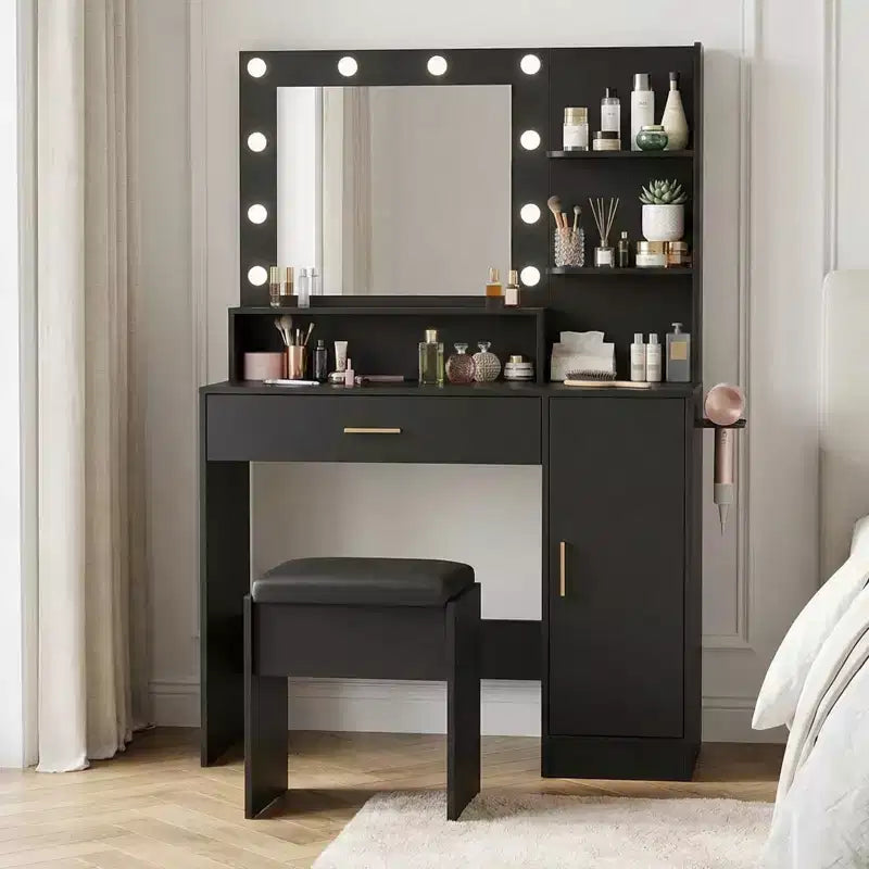 Makeup Vanity Set with Lighted Mirror and Stool - Modern Dressing Table with Built-in Power Outlet, Storage Drawer and Handles