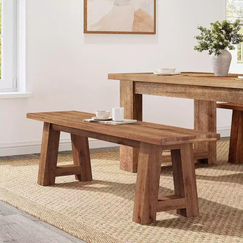 Banco de comedor de madera maciza con patas en forma de A, banco de estilo rústico de 55.12 pulgadas para interior, recibidor, cocina, comedor o sala de estar (marrón)