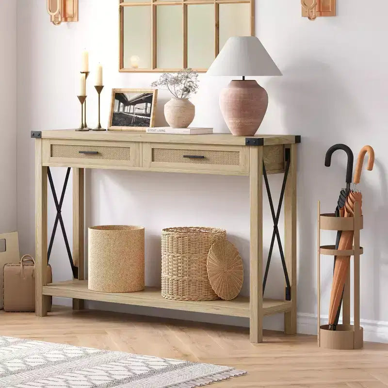 Konsolentisch im Boho-Bauernhausstil mit Rattanschubladen, schmaler Holztisch für Sofa und Eingangsbereich mit Ablagefach hinter dem Sofa, für Wohnzimmer und Flur