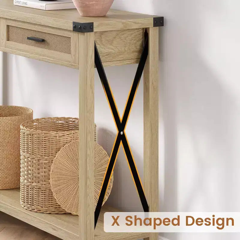 Konsolentisch im Boho-Bauernhausstil mit Rattanschubladen, schmaler Holztisch für Sofa und Eingangsbereich mit Ablagefach hinter dem Sofa, für Wohnzimmer und Flur