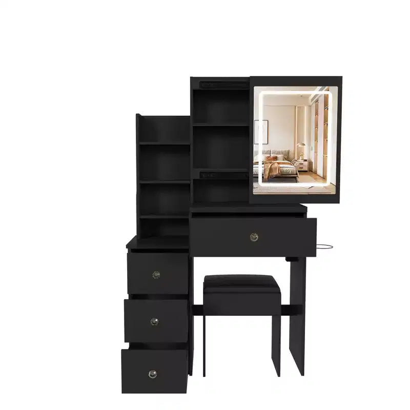 Coiffeuse avec tabouret, miroir éclairé à 3 modes de couleur, support pour sèche-cheveux, prise électrique et tiroirs
