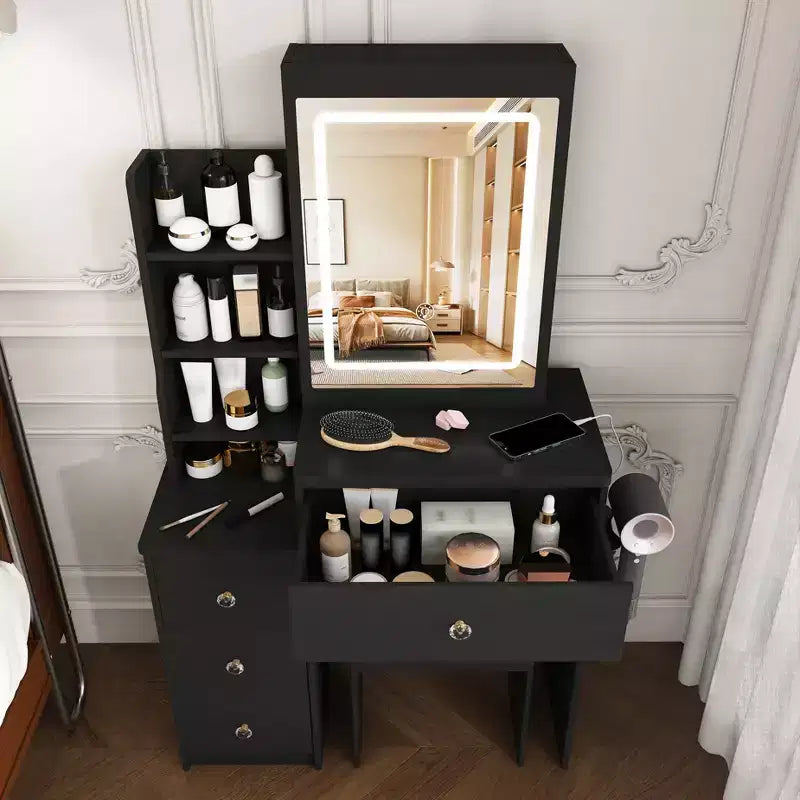 Coiffeuse avec tabouret, miroir éclairé à 3 modes de couleur, support pour sèche-cheveux, prise électrique et tiroirs