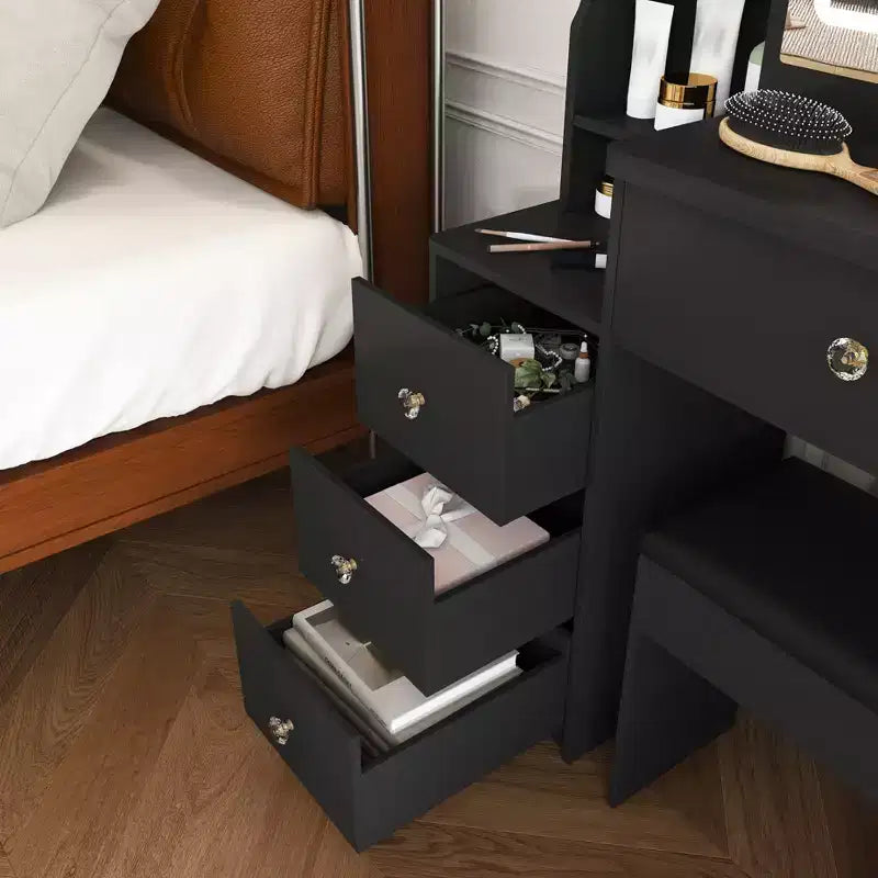 Coiffeuse avec tabouret, miroir éclairé à 3 modes de couleur, support pour sèche-cheveux, prise électrique et tiroirs