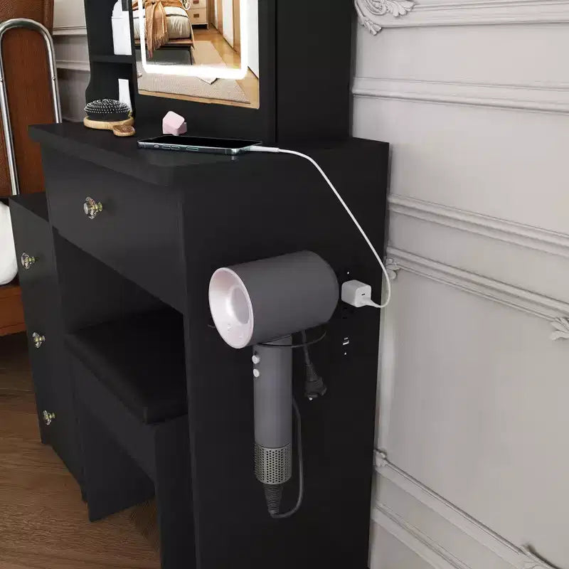Coiffeuse avec tabouret, miroir éclairé à 3 modes de couleur, support pour sèche-cheveux, prise électrique et tiroirs
