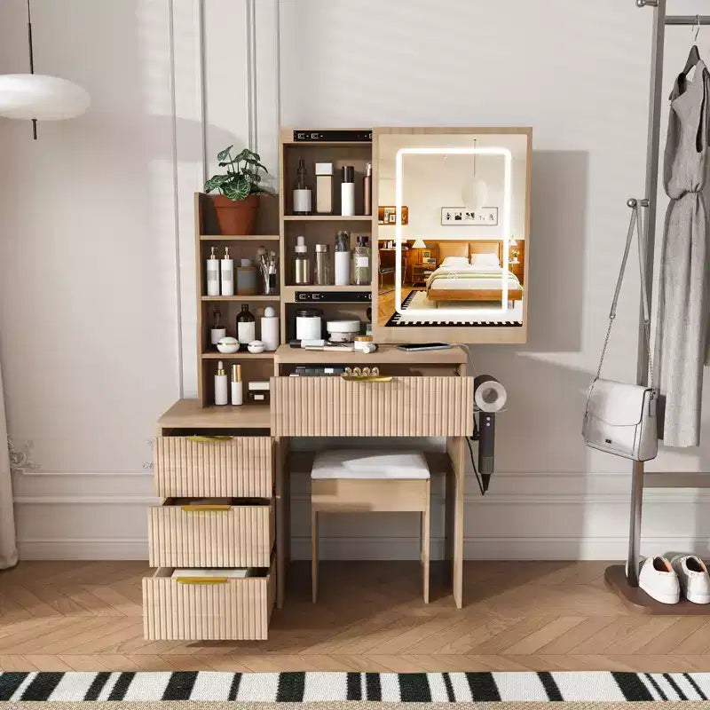 Coiffeuse avec tabouret, miroir éclairé à 3 modes de couleur, support pour sèche-cheveux, prise électrique et tiroirs