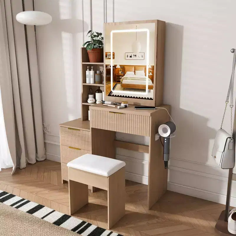 Coiffeuse avec tabouret, miroir éclairé à 3 modes de couleur, support pour sèche-cheveux, prise électrique et tiroirs