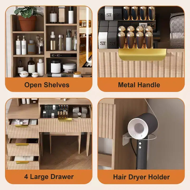 Coiffeuse avec tabouret, miroir éclairé à 3 modes de couleur, support pour sèche-cheveux, prise électrique et tiroirs