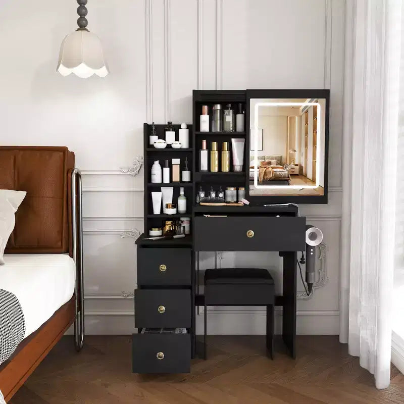 Coiffeuse avec tabouret, miroir éclairé à 3 modes de couleur, support pour sèche-cheveux, prise électrique et tiroirs