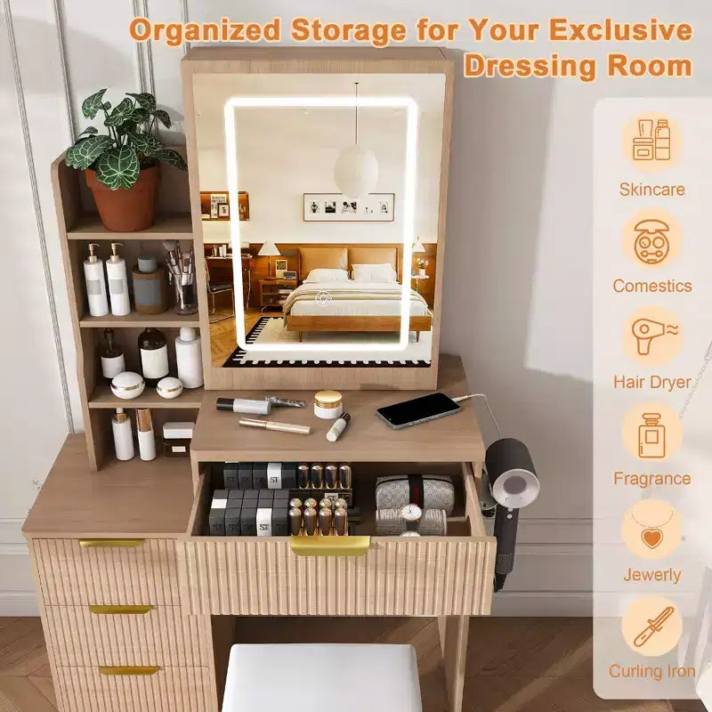 Coiffeuse avec tabouret, miroir éclairé à 3 modes de couleur, support pour sèche-cheveux, prise électrique et tiroirs