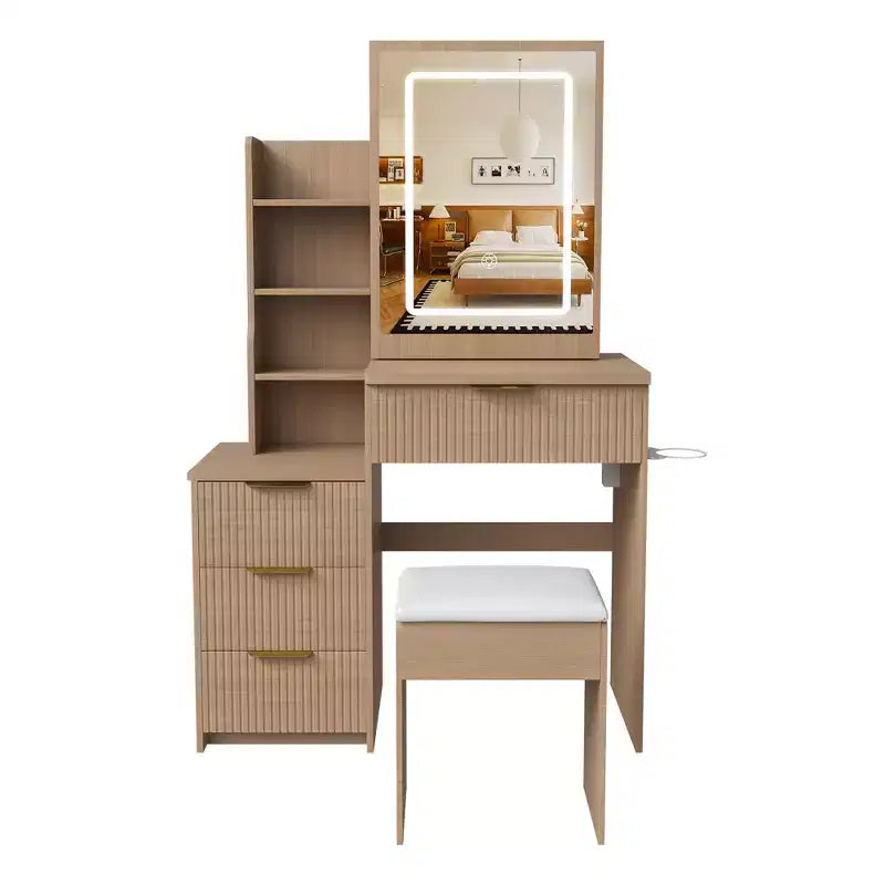 Coiffeuse avec tabouret, miroir éclairé à 3 modes de couleur, support pour sèche-cheveux, prise électrique et tiroirs