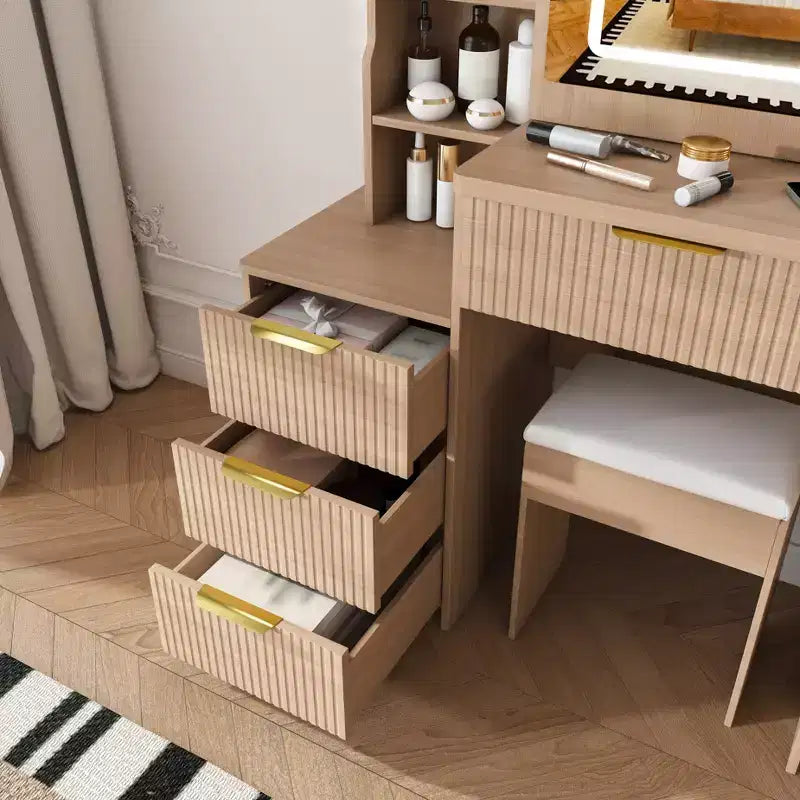 Coiffeuse avec tabouret, miroir éclairé à 3 modes de couleur, support pour sèche-cheveux, prise électrique et tiroirs
