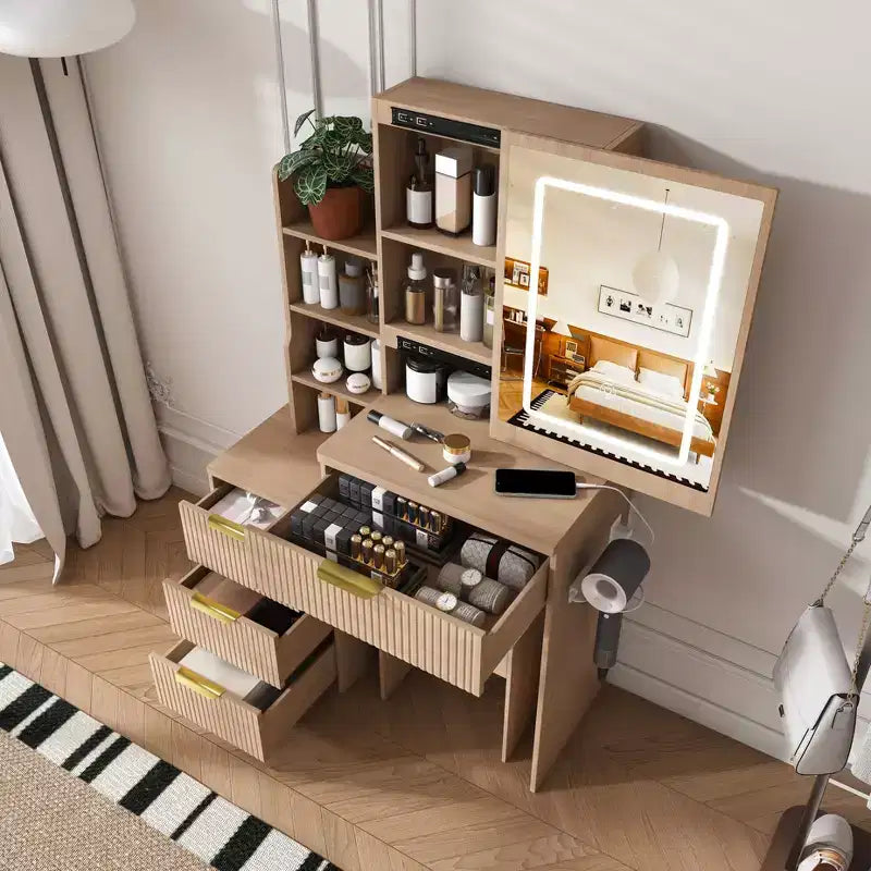 Coiffeuse avec tabouret, miroir éclairé à 3 modes de couleur, support pour sèche-cheveux, prise électrique et tiroirs