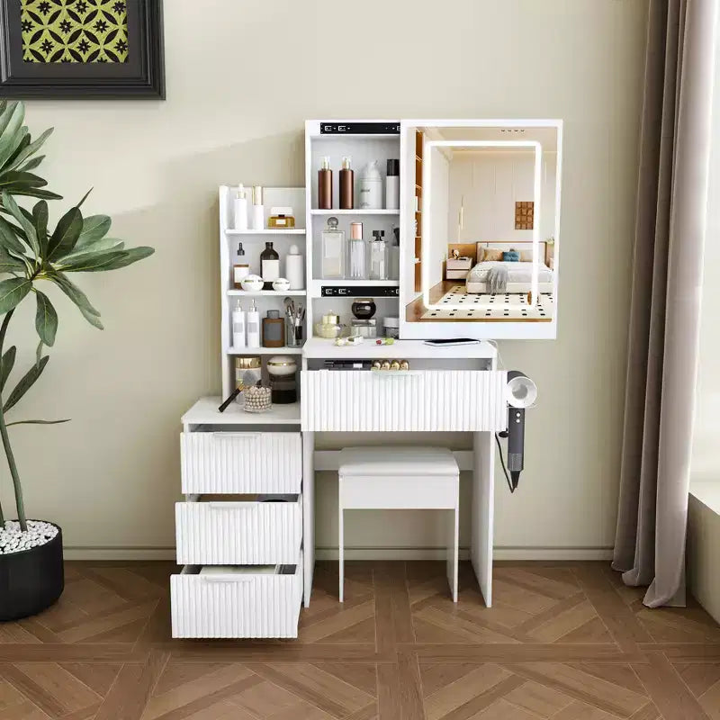 Coiffeuse avec tabouret, miroir éclairé à 3 modes de couleur, support pour sèche-cheveux, prise électrique et tiroirs