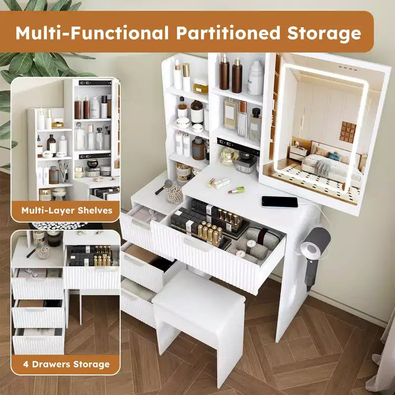 Coiffeuse avec tabouret, miroir éclairé à 3 modes de couleur, support pour sèche-cheveux, prise électrique et tiroirs
