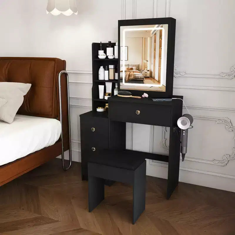 Coiffeuse avec tabouret, miroir éclairé à 3 modes de couleur, support pour sèche-cheveux, prise électrique et tiroirs