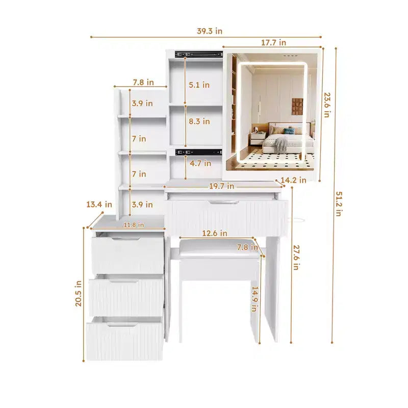 Coiffeuse avec tabouret, miroir éclairé à 3 modes de couleur, support pour sèche-cheveux, prise électrique et tiroirs