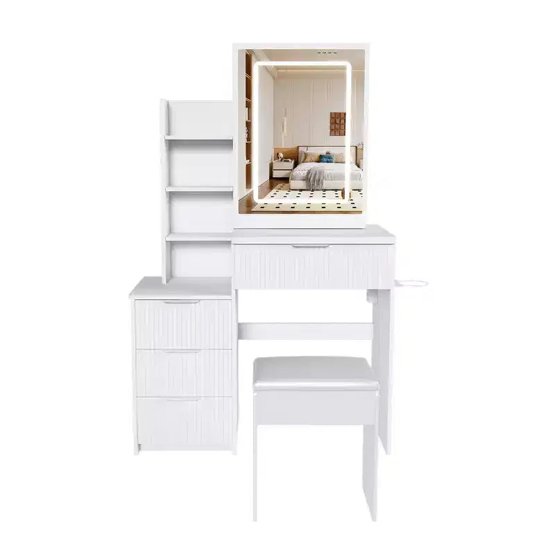 Coiffeuse avec tabouret, miroir éclairé à 3 modes de couleur, support pour sèche-cheveux, prise électrique et tiroirs