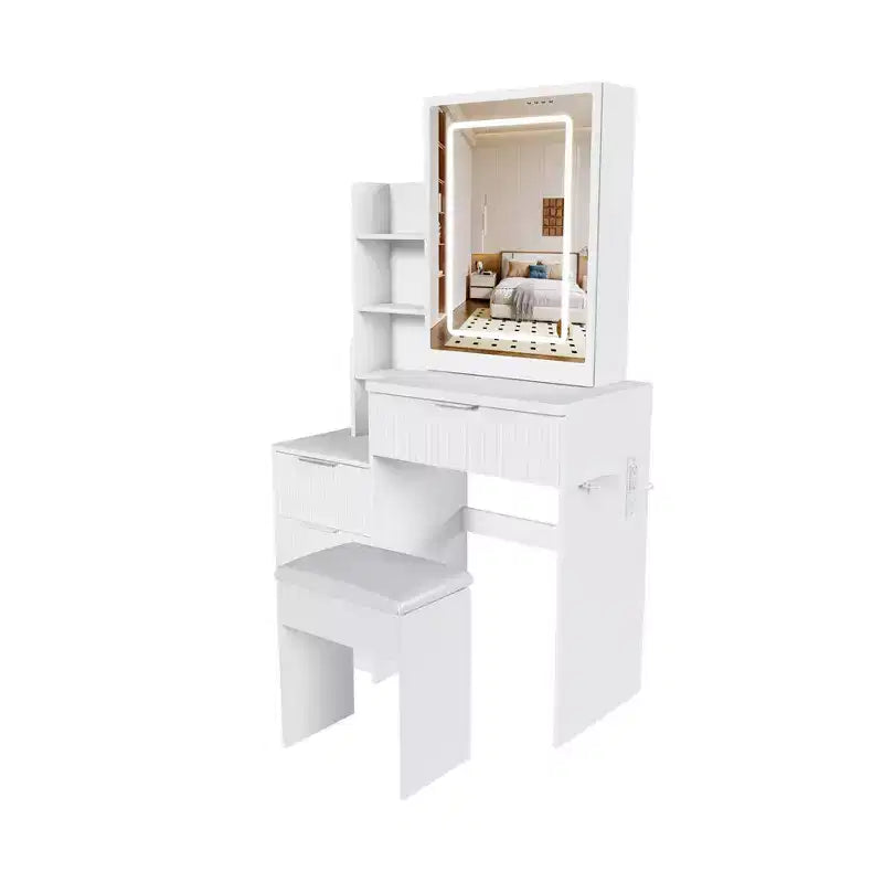Coiffeuse avec tabouret, miroir éclairé à 3 modes de couleur, support pour sèche-cheveux, prise électrique et tiroirs