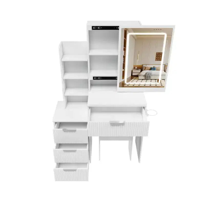 Coiffeuse avec tabouret, miroir éclairé à 3 modes de couleur, support pour sèche-cheveux, prise électrique et tiroirs