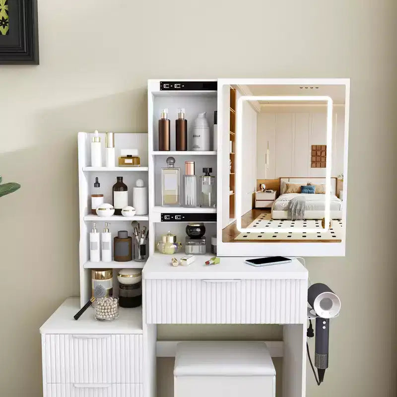 Coiffeuse avec tabouret, miroir éclairé à 3 modes de couleur, support pour sèche-cheveux, prise électrique et tiroirs